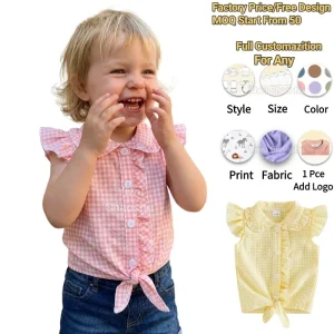 Low Moq Custom Factory Gingham Cotton Summer Baby Infant Clothes Sleeveless Ruffle Girls Toddler Polo Shirt