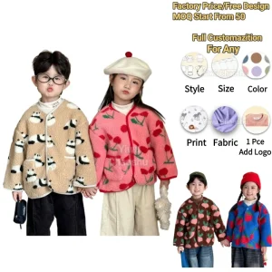 Low Moq Custom Factory Graphic Sherpa Fashion Autumn Winter Infant Toddler Children Boys Girls Clothes Kids Jacket Coat