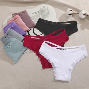 Low Rise Breathable Bow Back Cross Ladies Bikini Triangle Seamless Underwear Women’s Girls Lace Panties Women Cotton