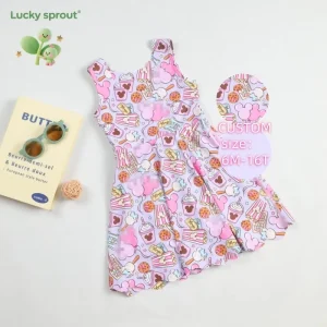 Lucky Sprout Summer Cartoon Printed Sleeveless Kids Dress Set Active Wear Sportswear Tennis Dress for Girls