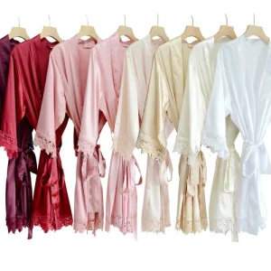 Luxury Bridesmaid Flower Girls Comfortable Women Silk Satin Lace Trim V neck Knee Length Morning Gown Sleepwear