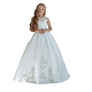 ML002 European American Children’s Flower Girl Dress Trailing Hollow out Lace 100% Cotton Anti static Ball Gown Wedding Dress