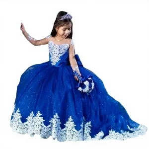 ML022 Girls’ Princess Ball Gown Floor Length Wedding Dress with Puffy Skirt and Flower Girl Design for Piano Performance