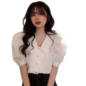 MOTE AC213 French Puff Sleeve Chiffon Short-Sleeved Shirt Sweet Tops for Women and Girls