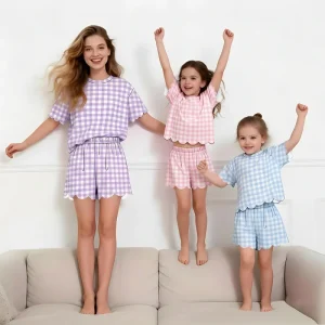 Manufacturer Custom Apparel Girls Shorts and T shirt Set Sweat Absorbing Kids Casual Clothes Plaid Girls Clothing Sets