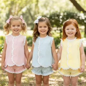 Manufacturer Kids Summer Outfits White Lace Edge Children’s Clothing Sets Button Girls Clothing Sets