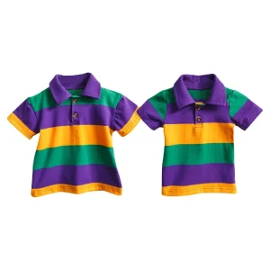 Mardi Gras Classic Stripe Purple Green Yellow Cotton Polo Shirt for Girls Summer Casual Short Sleeve T-Shirts Printed Design