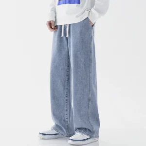 Men Loose Summer Straight Leg Casual Faded Blue Black Oversized Wide Leg Denim Jeans