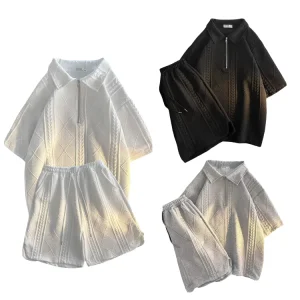 Men Summer Sports Wear Casual Set for Boys Minimalist Drawstring Pocket Shorts & Knitted Short Sleeved Shirt Zippered Tops Suit