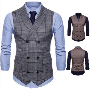 Men V Neck Double Breasted Pockets Plaid Waistcoat Male Business Waistcoat Vests for Men Slim Fit Men’s Suit Vest