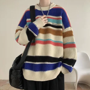 Men’s Autumn Winter Sweater Coat for Boys Teenagers Loose Stripe Base Design Anti Wrinkle Anti Shrink OEM Service Available