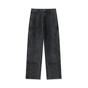 Men’s Baggy Skate Pants Custom Embroidery on Washed Dark Blue Cotton Fabric Lightweight Casual Jeans for Big Boys