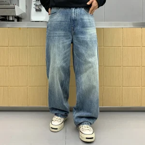 Men’s Boy Jeans Breathable Button Loose Fit Baggy Washed Plain Dyed Straight Style Crystal Winter