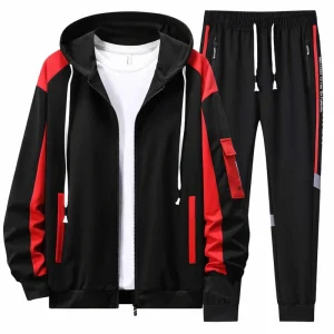 Men’s Breathable 100% Polyester Solid Knitted Hooded Sweatshirt Casual Sports Jacket Boys Two-Piece Set Spring Autumn