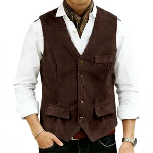 Men’s Casual Corduroy Waistcoat Classic V neck Sleeveless Vest for Spring and Autumn Daily Wea