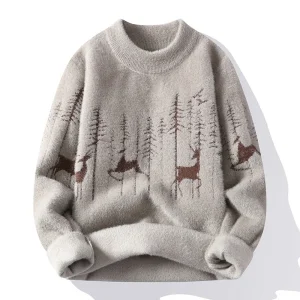 Men’s Christmas Polyester Fleece Pullover Sweater Thickened Loose Knit Thermal Base Layer Trendy Neck Breathable Front OEM
