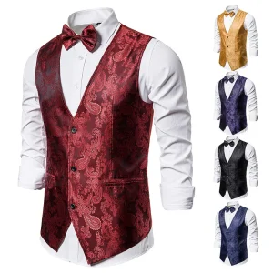 Mens Classic Paisley Jacquard Vests 2 Pieces Slim Fit Suit Vest Bow Tie Waistcoat Gilet Party Buttons