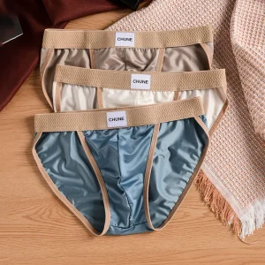 Men’s Cool and Comfortable Satin Ice Silk Nit Waist Briefs Mid Rise Nylon Underwear for Boys Generation with Hair Care Features