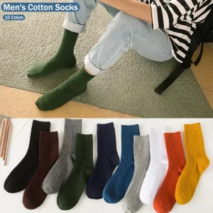 Men’s Cotton Socks for Autumn & Winter Boys’ Solid Color Medium Socks Sweat absorbing Breathable Sports Socks