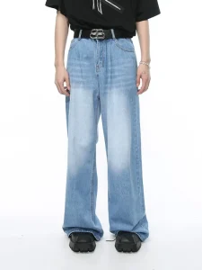 Men’s Denim Jeans Light Blue Washed Distressed Loose fitting Vintage Hong Kong Style City Boy Floor length Drapey