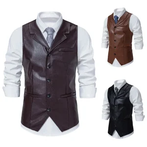 Men’s Leather Vest Casual Western Vest Jacket Lightweight V Neck Suit Vest Waistcoat