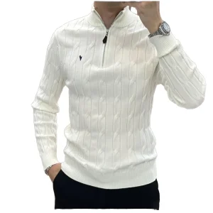 Men’s Long Sleeve Twist Half High Neck Zipper Pullover Cardigan Knitted Sweater Print for Boys Spring Thin
