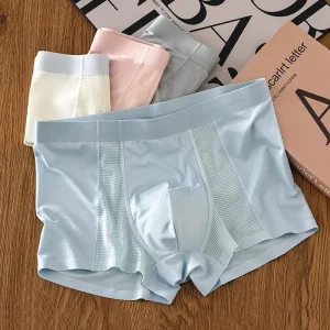 Men’s Mid-Rise Boxer Pants Quick-Drying Breathable Ice Silk Mesh Underwear for Boys Solid Color Knitted Fabric