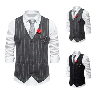 Men’s Pinstripe Business Suit Vest Formal Dress Tuxedo Waistcoat Vest