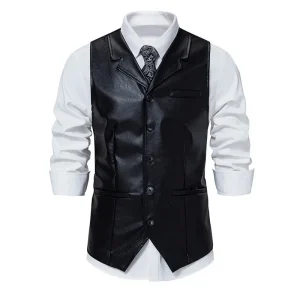 Men’s Retro Lapel Single Breasted Motorcycle Solid Color Slim Fit Vest Customization LOGO Vest OEM
