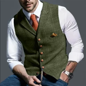 Men’s Slim Fit Casual Plaid Waistcoat Breathable Polyester Outer Wear Button Decoration Spring Autumn Sleeveless Suit Vests