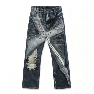 Men’s Sword Patchwork Distressed Denim Pants Avant-Garde Streetwear