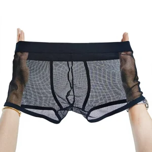 Men’s Underwear Transparent Sexy Boys Boxer Shorts Low Rise Breathable Four Corner Mesh See Through Shorts Leakproof