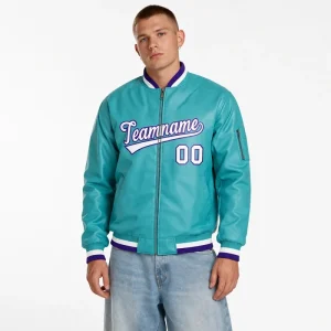 Men’s Varsity Jacket Custom Name Number Teal PU Leather Letterman Coat Streetwear Baseball Jacket with Full Zip Custom Logo