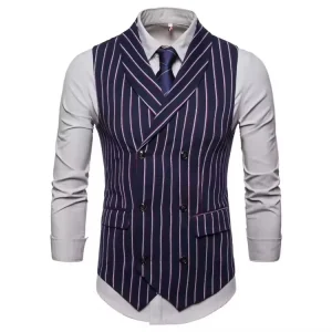 Mens Waistcoat Stripe Plaid Formal Suit Vest Men Fashion Casual Double Breasted Sleeveless Gilet Male Business Formal Dress Vest