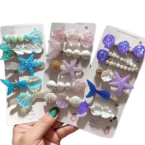 Mermaid Hairpin & Princess Hair Clip for Girls Children Sweet Pearls & Shell Party Hair Accessories