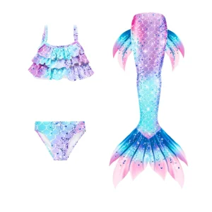 Mermaid Tail Girls 3-Piece Swimsuit Set Flower Pattern Children’s Swimming Swimdress for Hot Spring