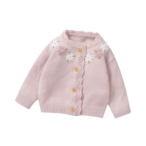 Mimixiong Girls Embroidery Handcraft Flowers Newborn Neutral Knitted Wear Customized Cardigan Knitting Baby Outfit Knit Sweater