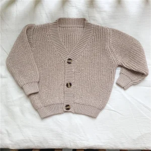 Minimalist Earth Tone Baby Sweater Long Sleeve Ribbed Infant Cardigan Sustainable Cotton Baby Knitwear Manufacturer