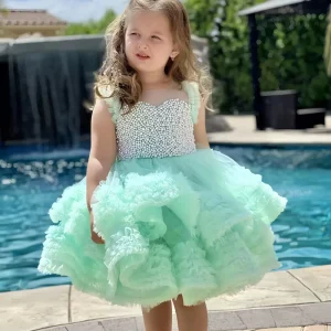 Mint Pearl Fluffy Gown Stylish Children Clothes Elegant Flower Girls Dresses Cute Clothes Girls Princess Kids Dresses Girls