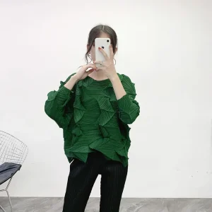Miyake Pleated Irregular Seven point Sleeves Round Neck Loose Top for Girl