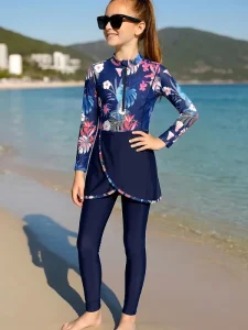 Modest Muslim Teen Girls Swimwear 3 Piece Children Swimsuit Full Coverage Swimsuit UPF50+ Sun Protection