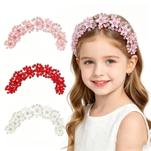 Mom Daughter Matching Sweet Pink Flower Pearl Rhinestone Headband for Women Kids Photo Wedding Birthday Party Hair Accessories