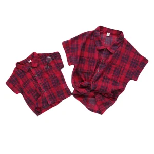 Mom and Daughter Matching Outfits Plaid Shirt Kids Children Cotton Blouse Mommy and Me Clothes Short Sleeves Casual Shirts