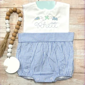 Monogram Personalized Kids Clothes Summer Baby Boy Seersuker Gingham Sunsuit Jon Jon Romper