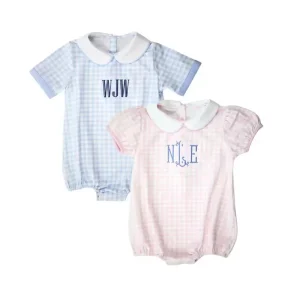 Monogram Sibling Matching Baby Bubble Romper Toddler Boy Girl Custom Print Gingham Pan Collar Sunsuit