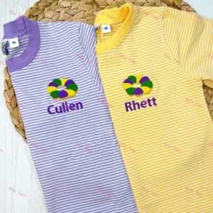 Monogrammed Baby Boy Mardi Gras Outfit Crew Neck Long Sleeve Purple Gold Striped Kids Boy Shirts Children Rugby Polo Shirts