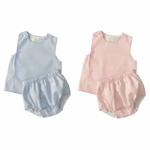 Monogrammed Embroidery Baby Boy Girl Summer Color Solid Newborn Clothing Set Infant Two Piece Diaper Cover Bloomers Set