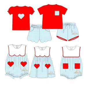 Monogrammed Patriotic Kids Blue Gingham Kids Boys Clothing Sets Siblings Matching Toddler Boy Short Set Summer Clothes