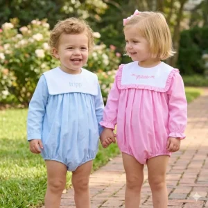 Monogrammed Sibling Matching Clothing Set Southern Classic Cotton Toddler Boy Girl Long Sleeve Ruffle Bib Collar Bubble Romper