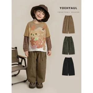 N7556 100% Cotton Baggy Kids Cargo Jeans Denim Pants Teen 2 14T Solid Teenager Boy Cargo Pants Jeans for Child